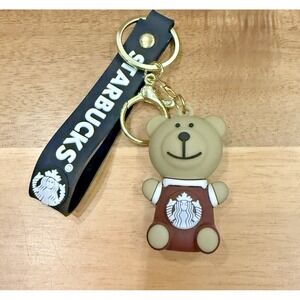 Coffee Bear Brown Apron Rubber & Metal‎ Keychain New